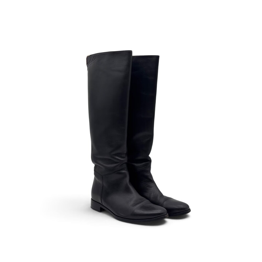 Lanvin Paris Black Calfskin Leather Knee High Riding Boots Size 39 Gold Zip Box